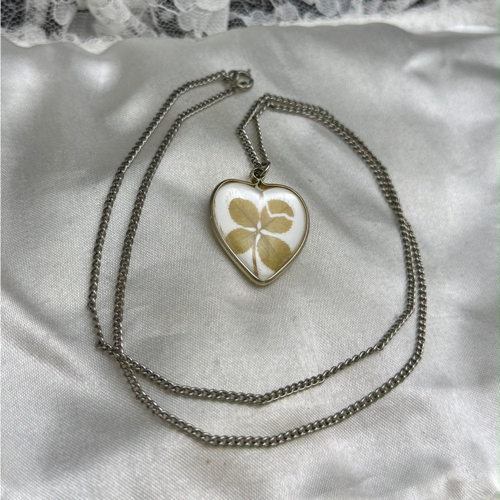 Double Sided Silver Heart Necklace with Gold Leaf Design